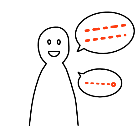 Smiling hand-drawn human with speech bubbles. Text inside bubbles represented by red lines.